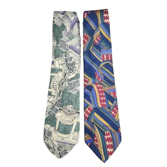 Structure Multicolor Italian Fabric Silk Cotton Necktie Ties Bundle of Two - Picture 1 of 8